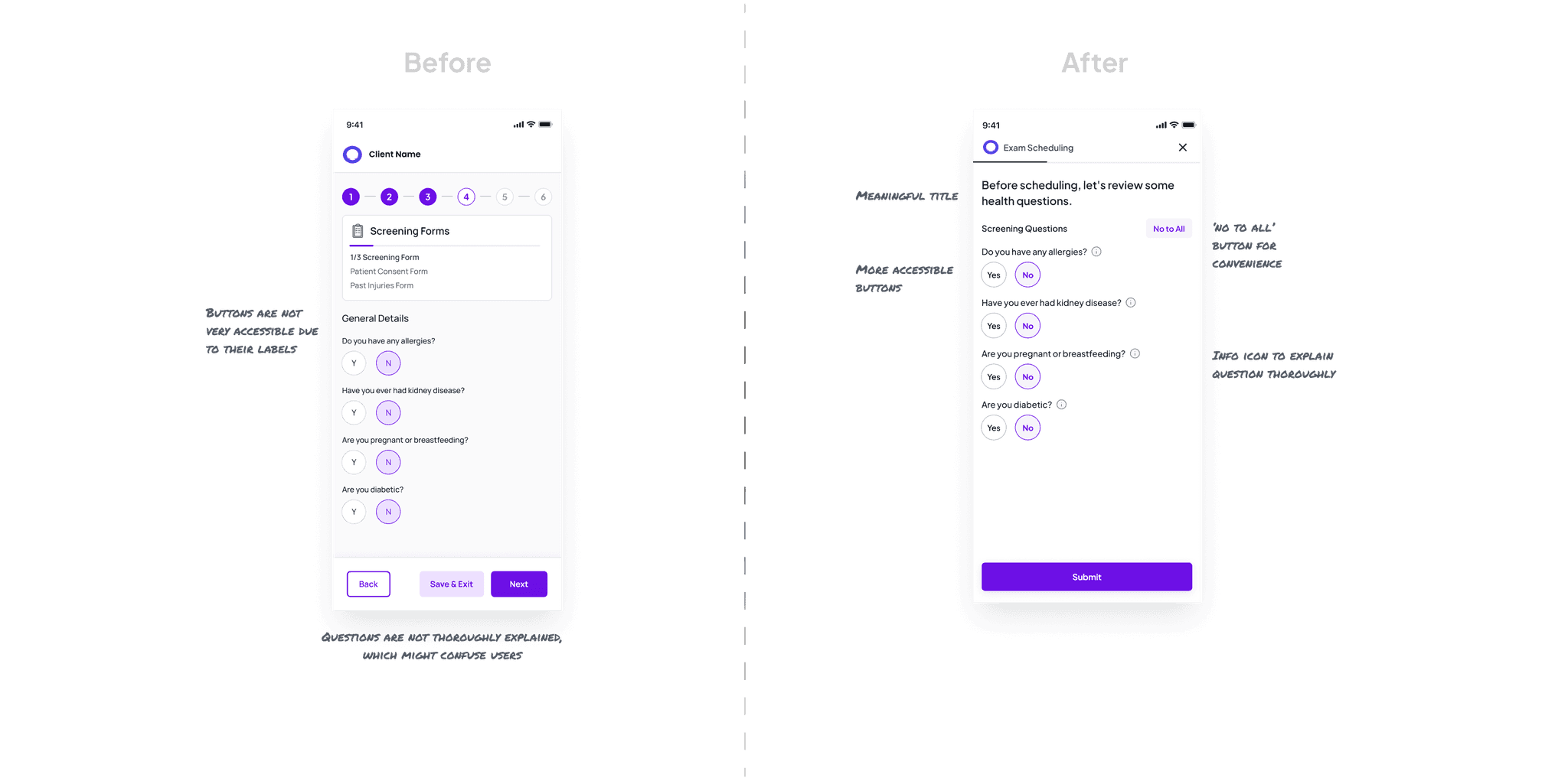 before and after ui screen of the screening section with annotation of design thinking.