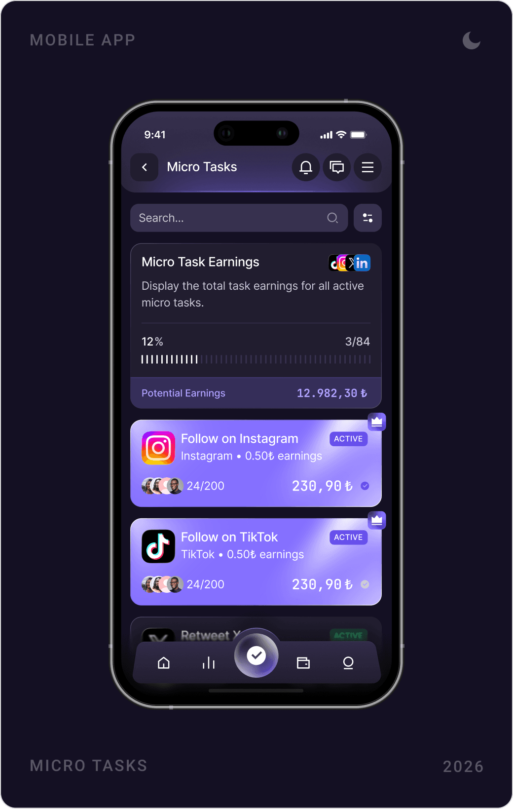 Structured Micro Task Earnings Dashboard Design