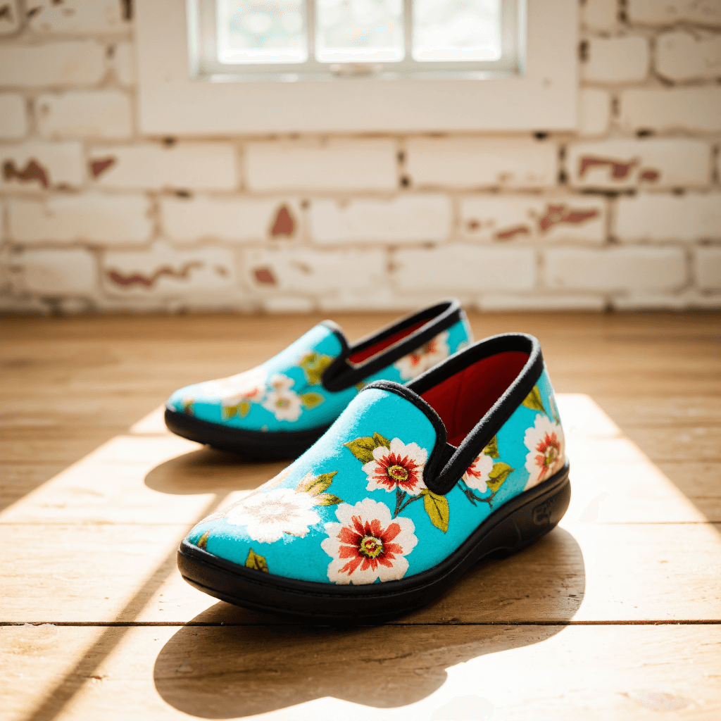 product photography of a pair of floral-patterned slip-on shoes