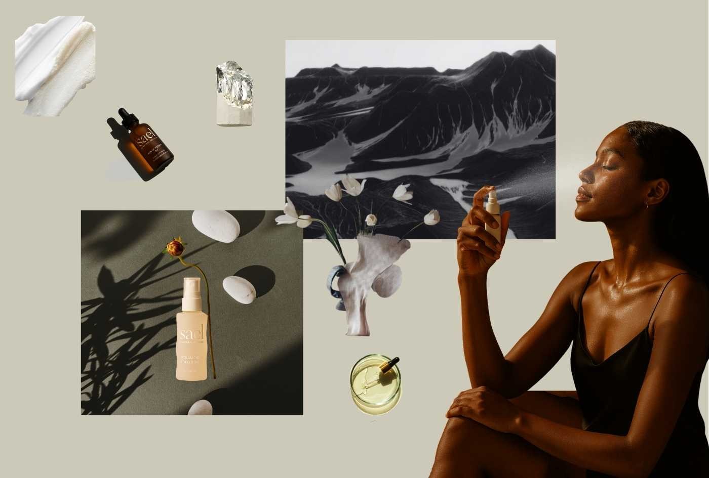 Sael Seasonal Skincare brand moodboard with natural textures, product stills, landscape imagery, and lifestyle photography reflecting the brand’s elemental, nature-led identity.