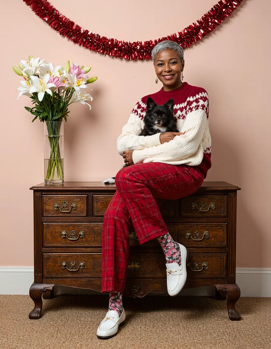 Woman in festive red sweater holding small dog, sitting on vintage dresser with holiday decor and flowers