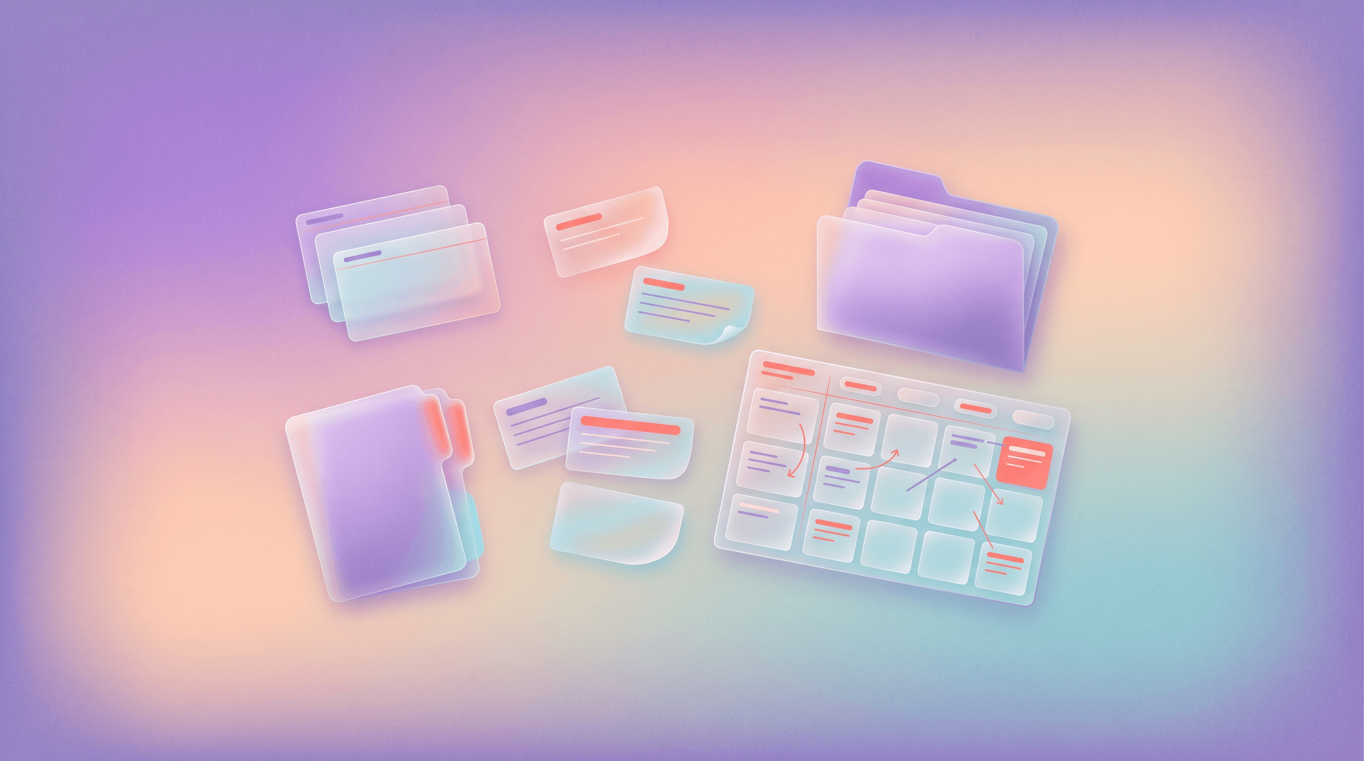 Desk with database cards, citation slips, and PDF folders