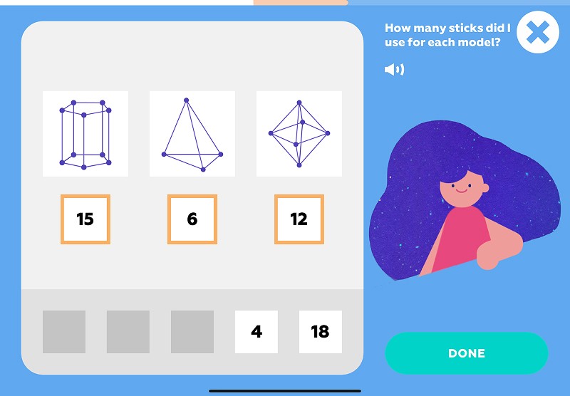 3D shapes: count how many sticks are needed to build each 3D model
