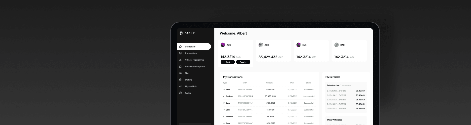DAB:LY web platform dashboard showcasing transaction history, staking options, and profile settings for users.