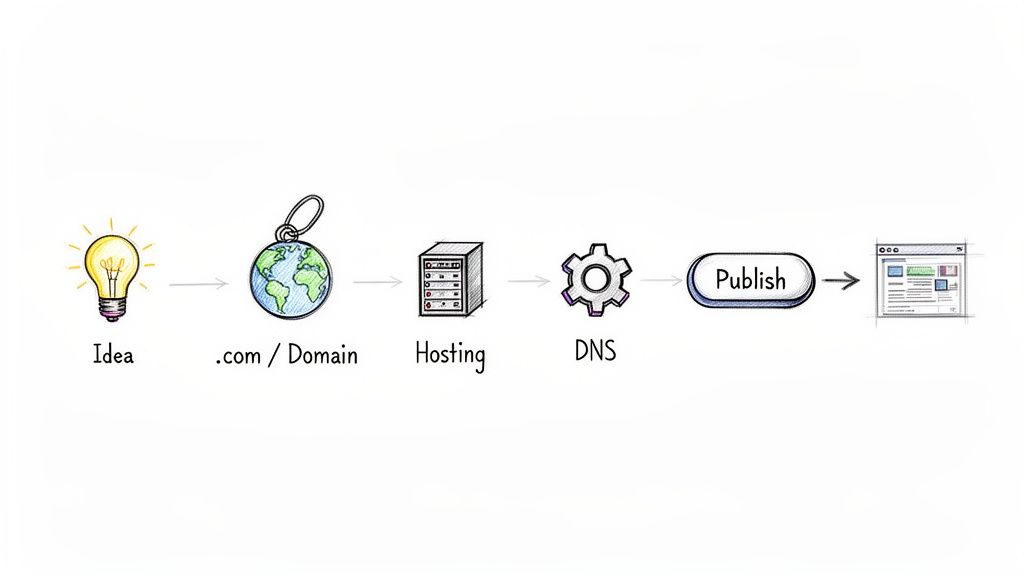 A visual flowchart illustrating the steps to publish a website from idea to a live site.