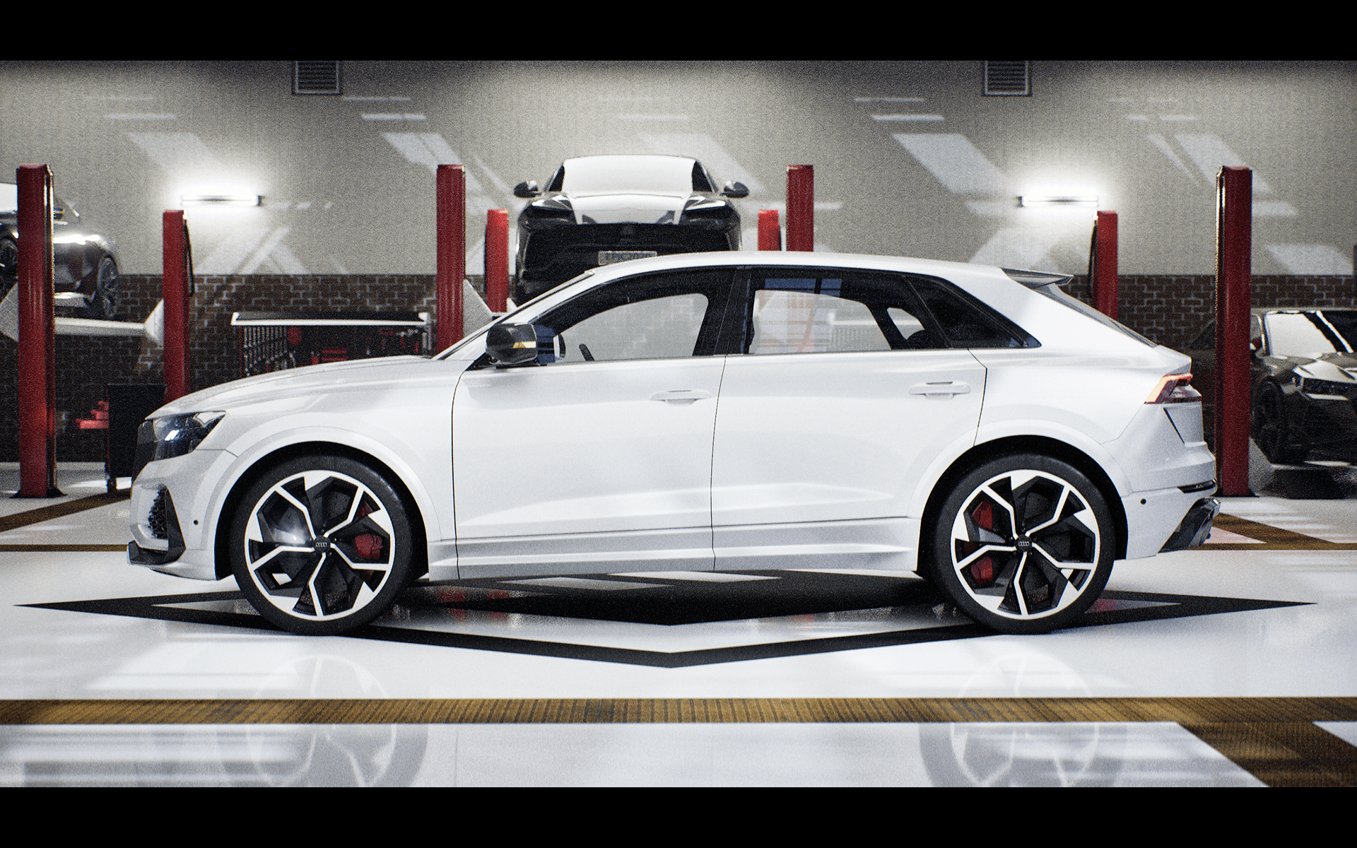 An unreal engine 5 cinematic render of Audi RSQ8 in a custom garage environment.