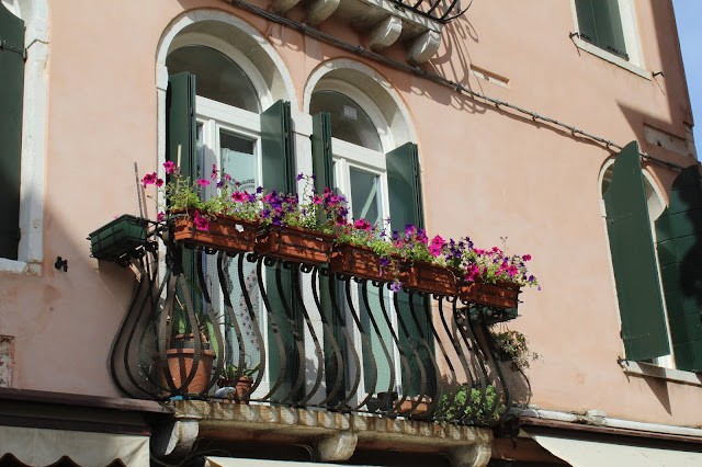 A balcony with potted flowers in Venice