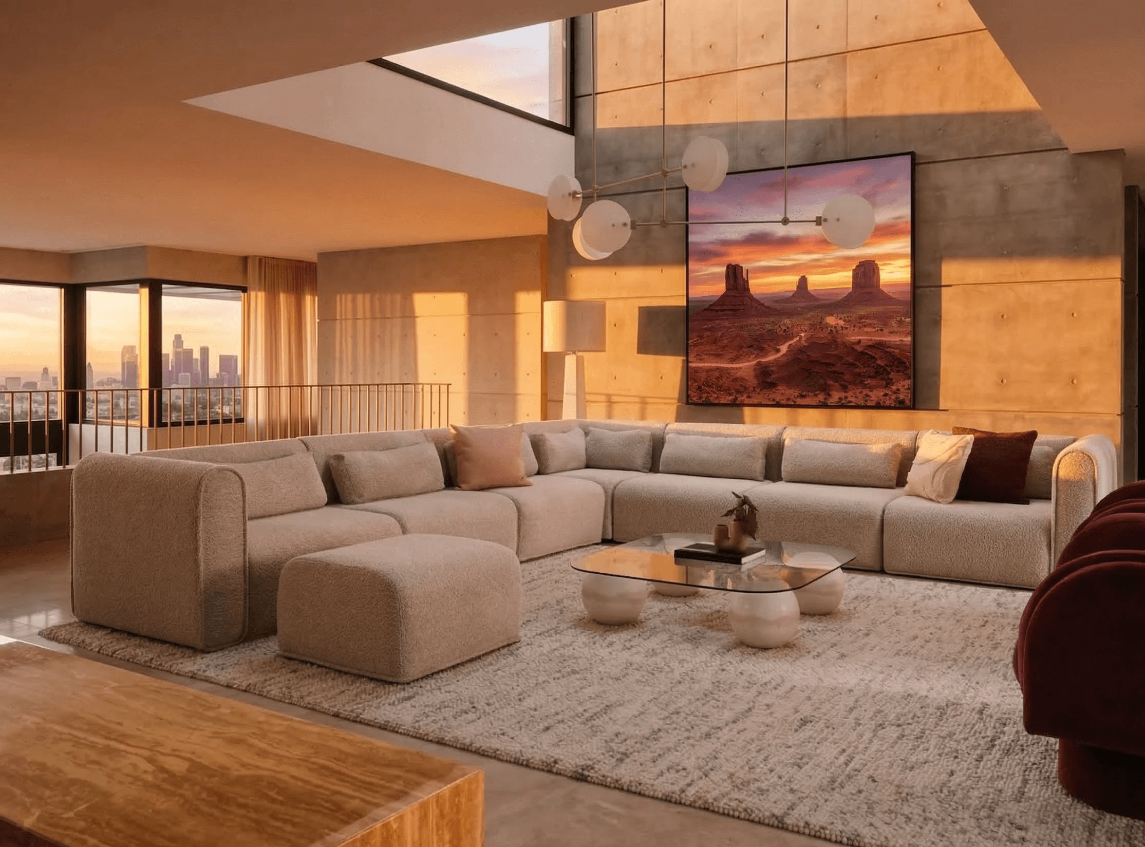 Earth-toned minimalist interior with travertine desk, plaster walls, and natural light.