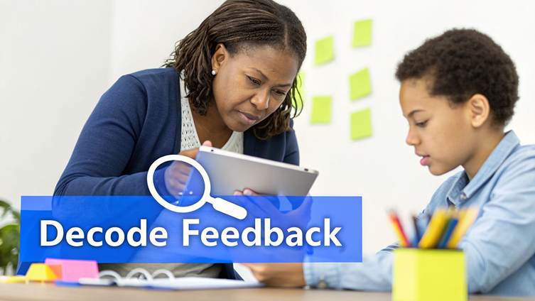 An adult woman helps a young boy understand feedback on a tablet in a learning environment.