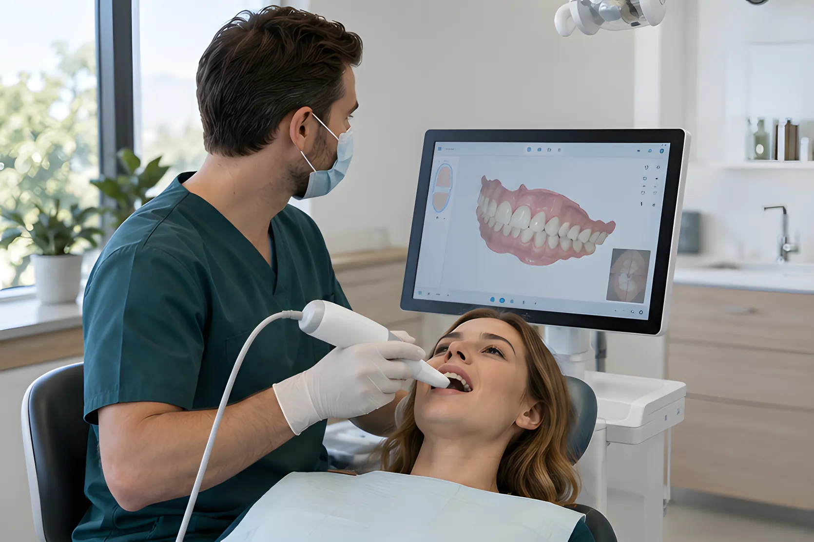 A dentist watching a 3D model of a patient's teeth build on screen during a scan