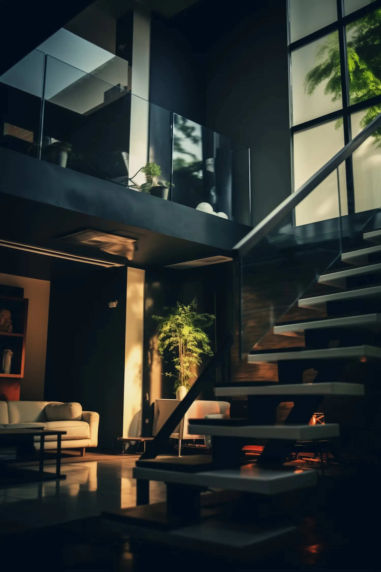 Modern Elegance A Luxurious Interior with Ambient Illumination and Contrasting Staircase