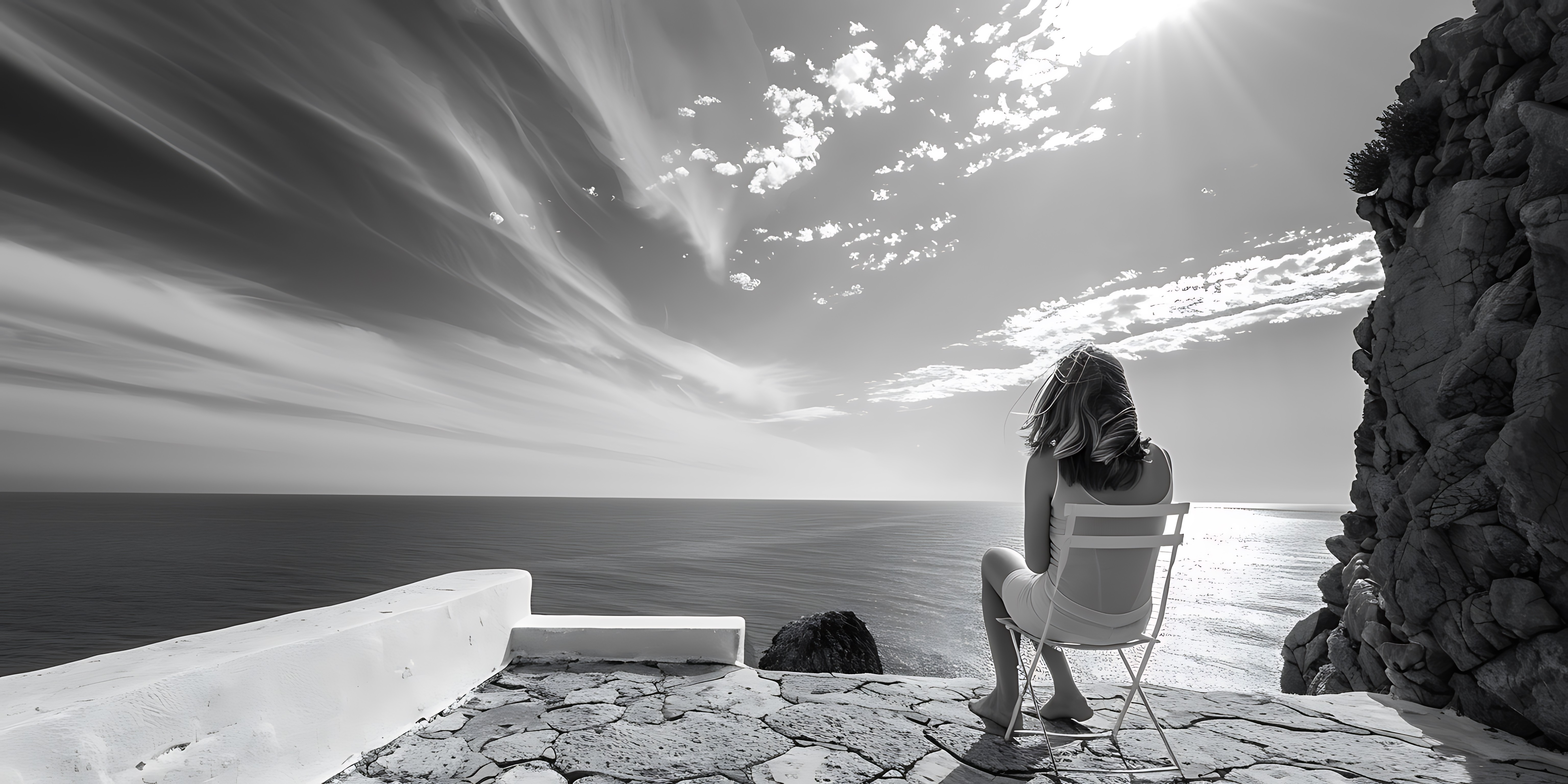 Black and white landscape of a coastal scene with a rock formation in the water.