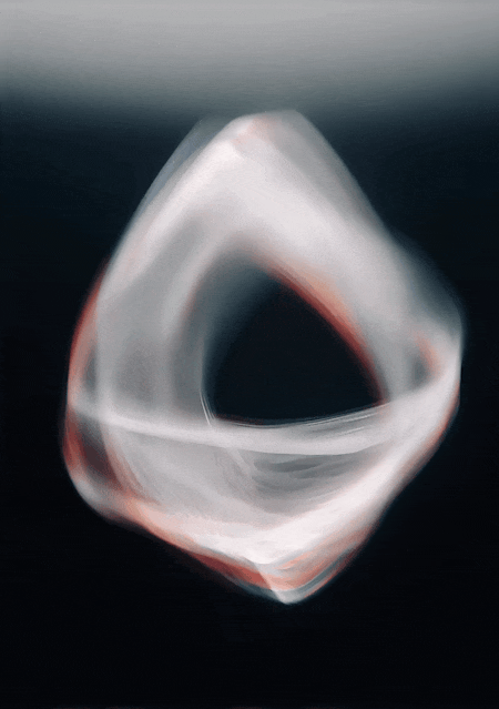 Abstract glowing triangular light trails with soft hues of white, red, and rainbow colors on a dark gradient background.