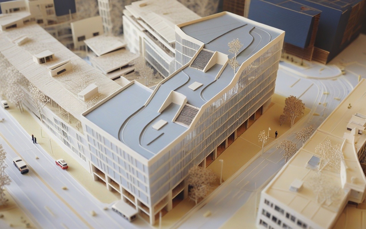 Isometrische Zeichnung eines Bauprojekts mit mehreren Gebäuden und markierten Strukturen in Rot