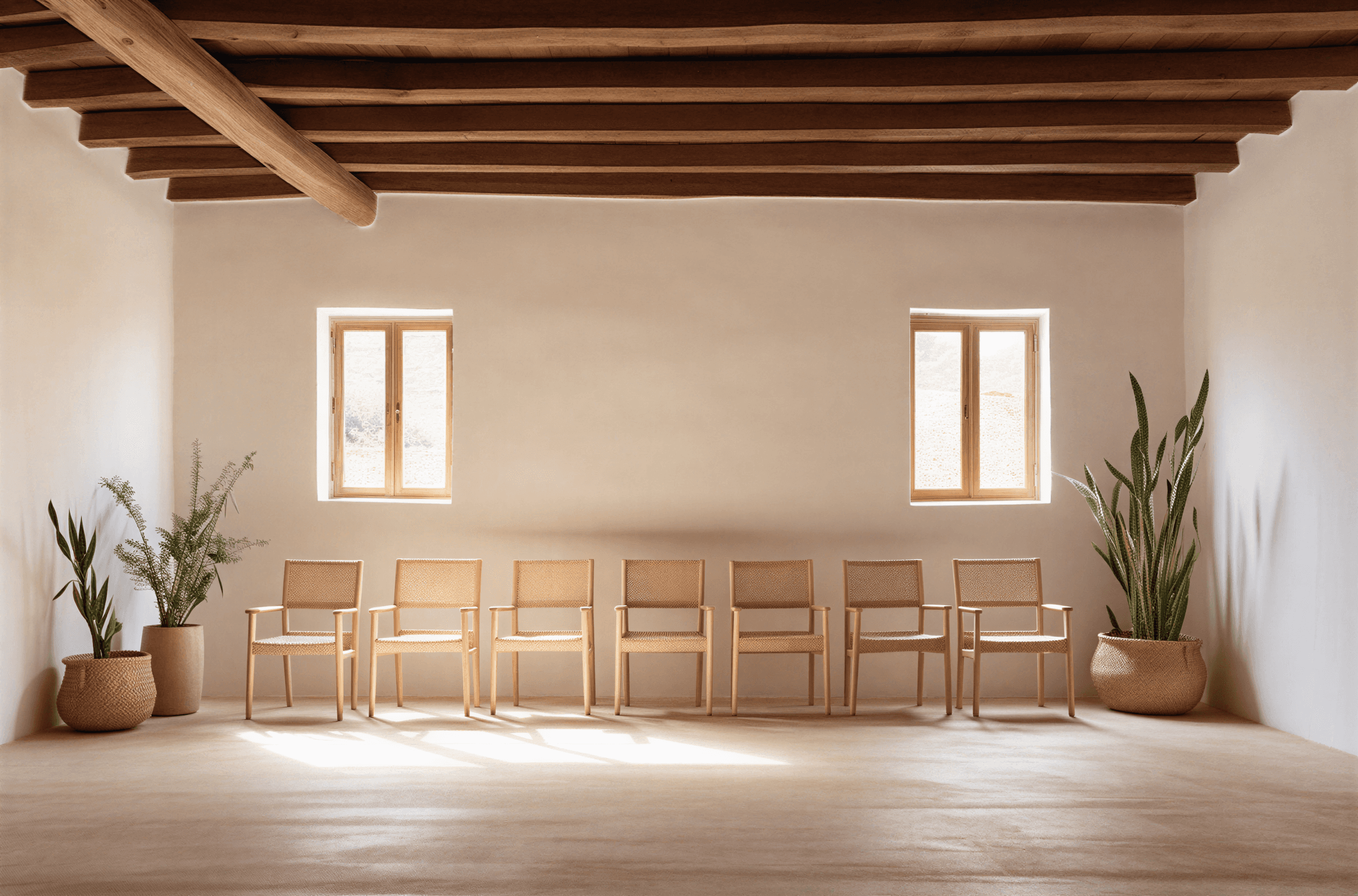 Southwestern-inspired room with exposed wood beam ceiling, seven cane-back chairs lined against white wall, matching windows, and potted plants