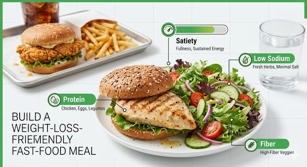 A modern infographic comparing a healthy weight-loss-friendly fast-food meal with a traditional high-calorie fried combo. The foreground shows a grilled chicken sandwich on a multigrain bun with a fresh garden salad, labeled with green icons for Protein, Satiety, Low Sodium, and Fiber. The background displays a greasy fried chicken burger with fries and a soda for comparison.