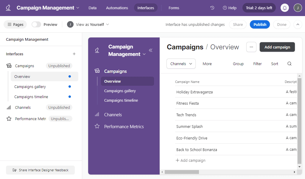 Airtable interface builder showing how custom-built pages are organized in your app.