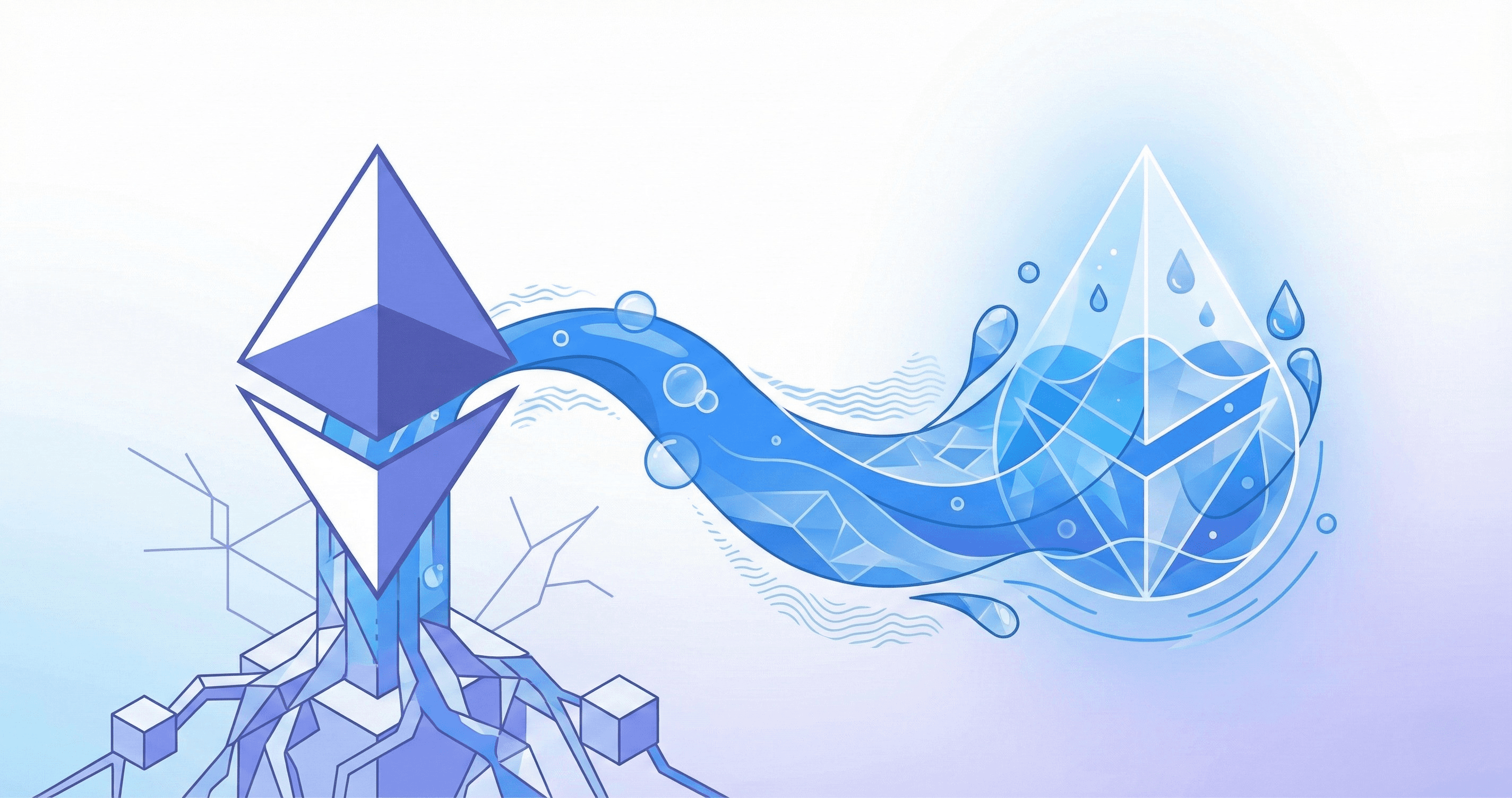 Ethereum ETH symbol transforming into liquid staking token stETH with flowing liquid visual representing stake liquidity