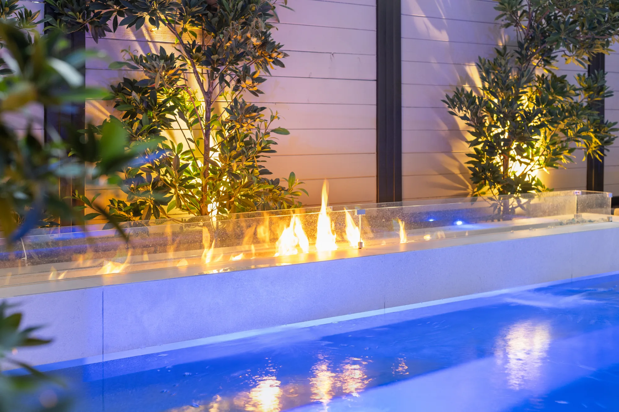 Linear fire feature above blue pool water with illuminated planting behind it.