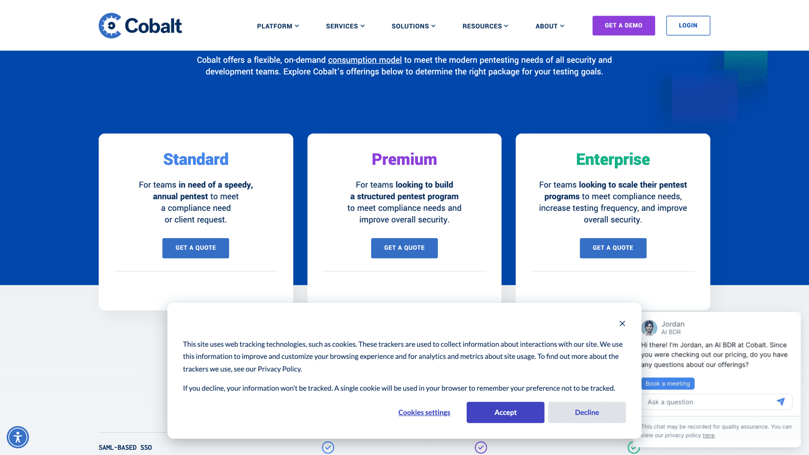 Cobalt pricing page showing the Standard, Premium, and Enterprise tiers, each with a Get a Quote button