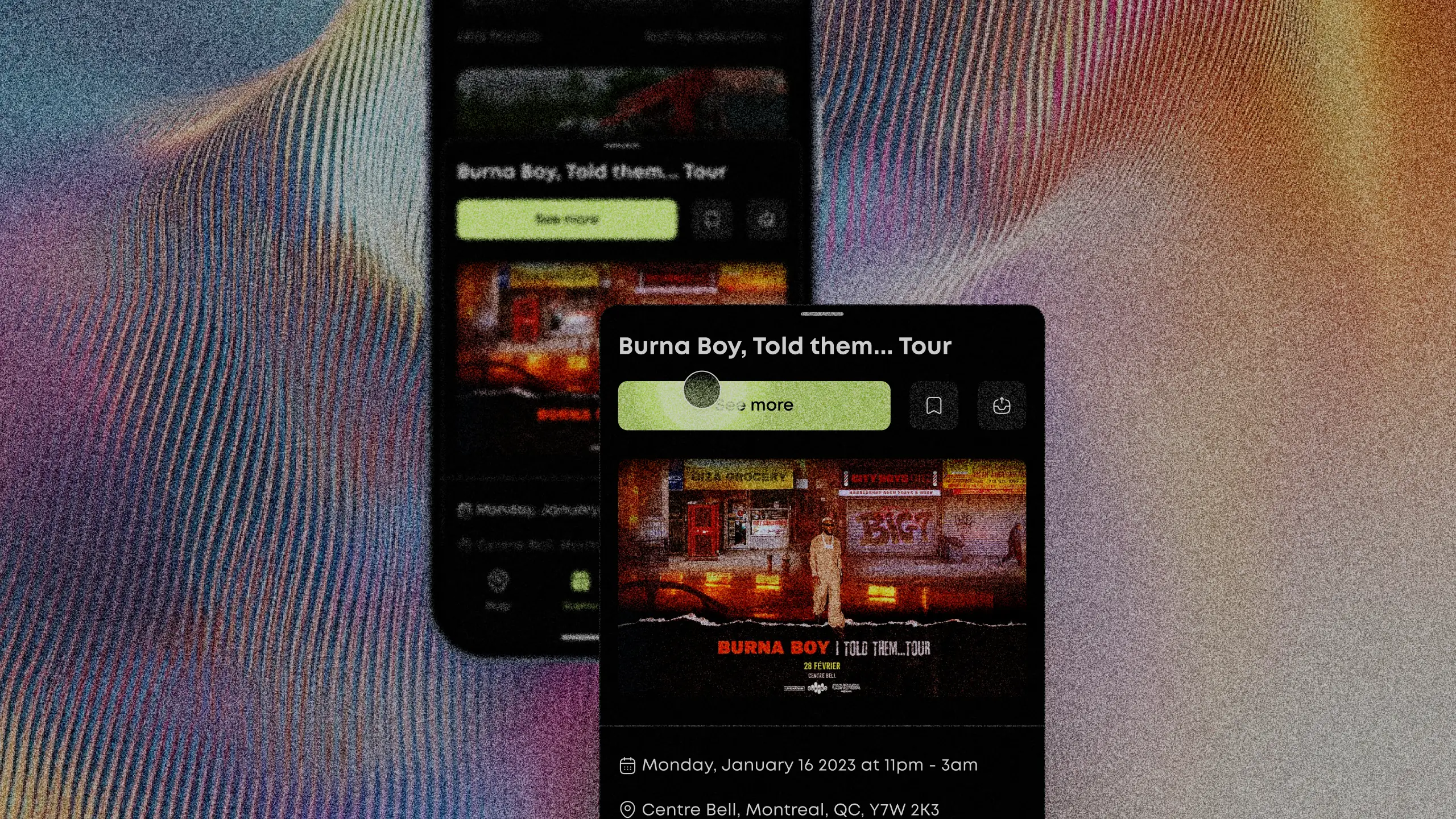 Two mobile screens displaying the Roamr event drawer with venue photos and event details.