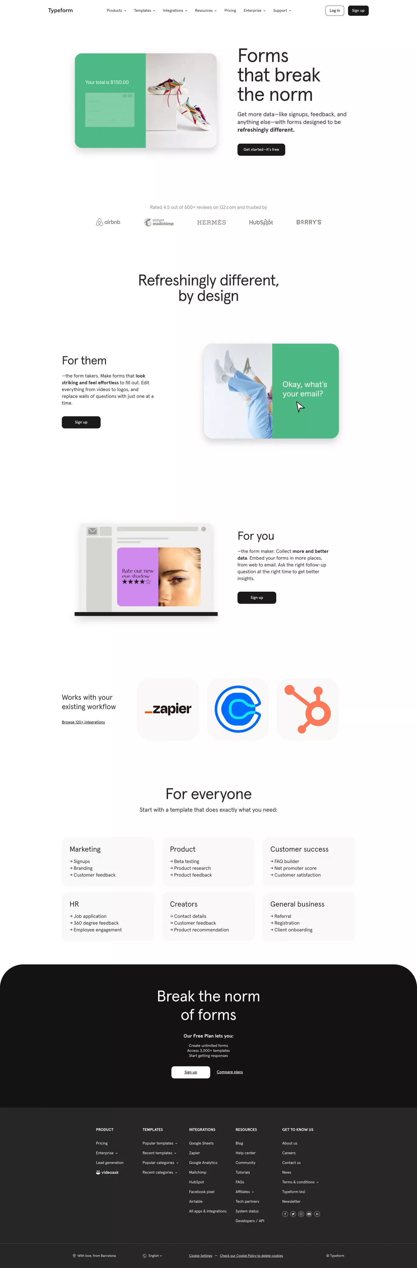 Typeform: People-Friendly Forms and Surv landing page screenshot showcasing Design and Tech design