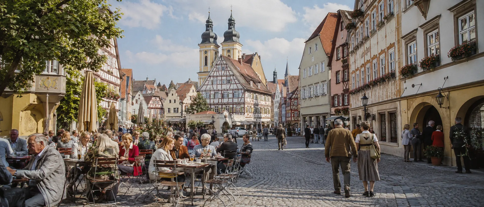 Mittelgroße bayerische Altstadt mit Barockkirche, Fachwerkhäusern und Straßencafé