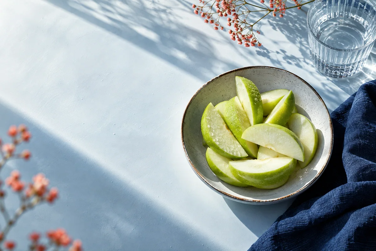 Green apple slices in a bowl with a glass of water