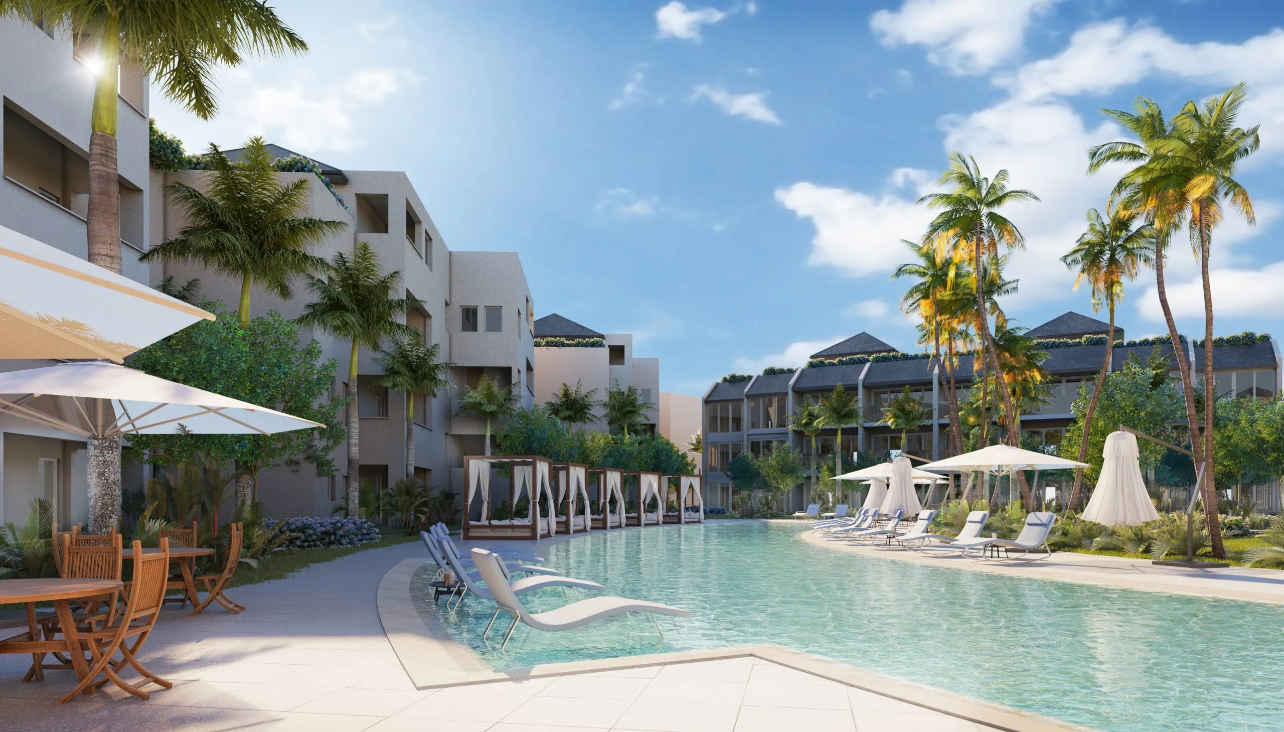 Bay Gardens Resort pool with cabana row and hotel buildings, hospitality architecture St. Lucia