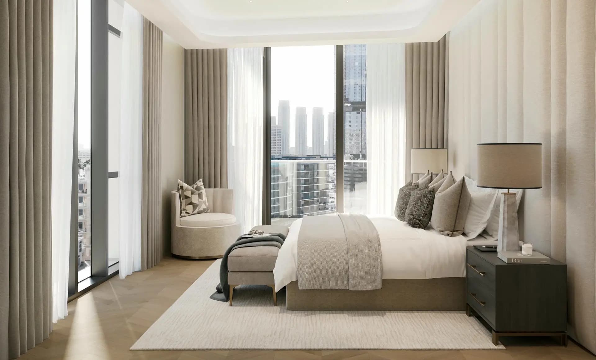 A spacious bedroom featuring a large bed and an oversized painting on the wall, creating a cozy atmosphere.