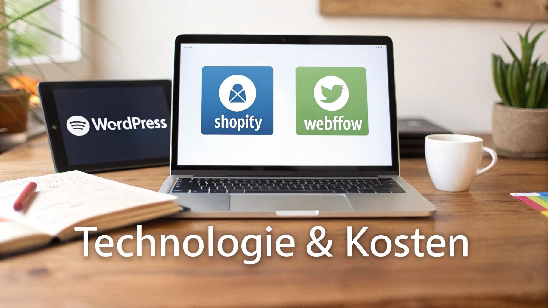 Overzicht van websitetechnologieën en hun kosten, met logo's van WordPress, Shopify en Webflow op schermen.