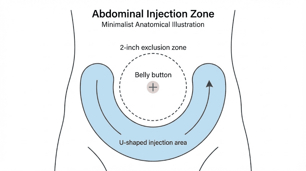 Abdominal injection zone for retatrutide showing proper distance from navel