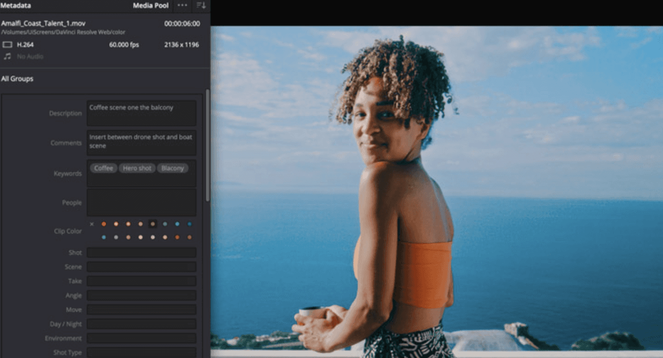 DaVinci Resolve Metadata panel displaying clip properties, descriptions, keywords, and clip colors beside the Viewer.