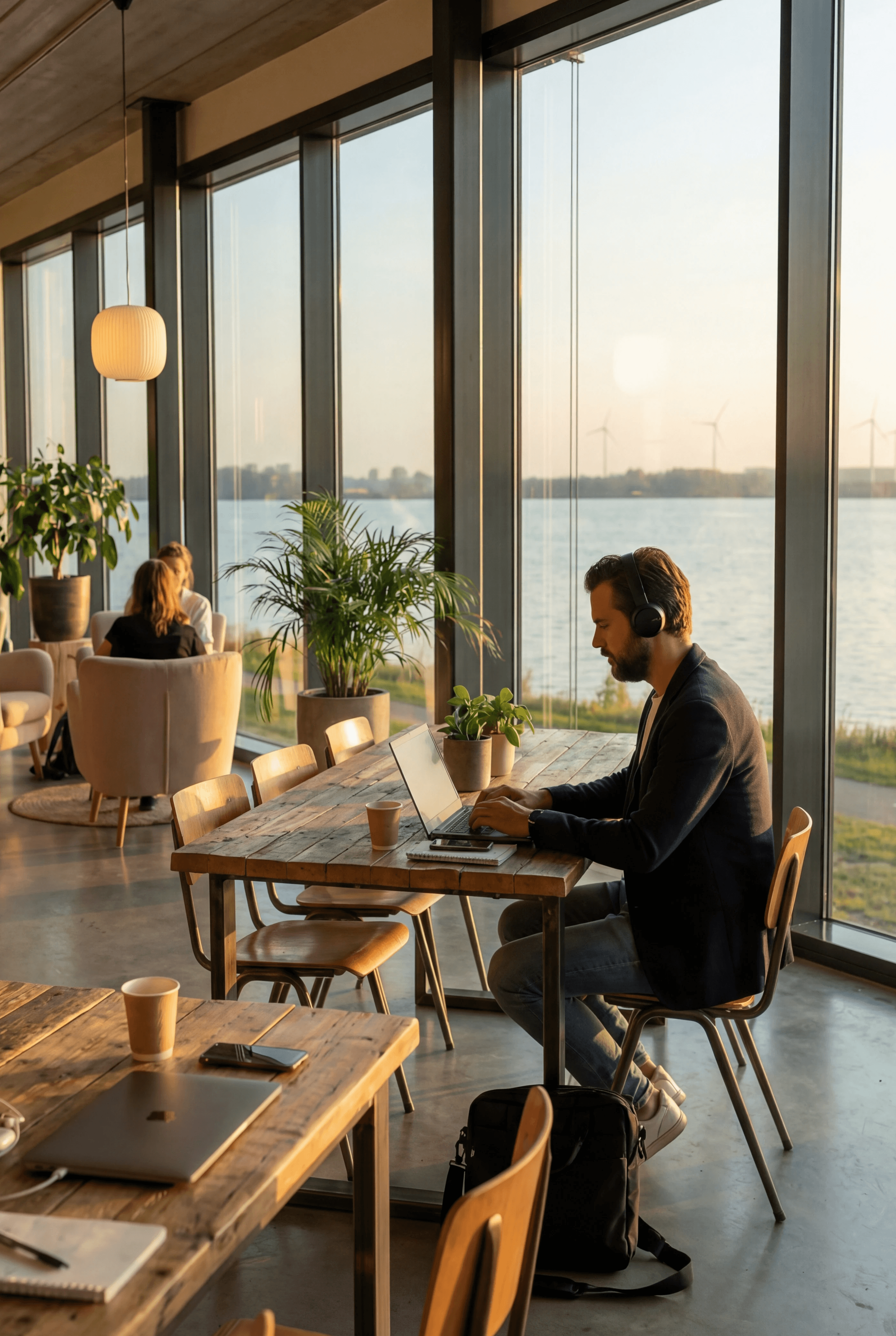 Werkende man met uitzicht op een hollands waterlandschap