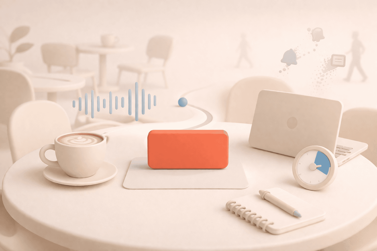 Minimalistische 3D-Illustration eines ruhigen Café-Arbeitsplatzes mit einer zentralen korallfarbenen Fokuskarte auf einem Tisch, umgeben von Elementen wie Kaffeetasse, Laptop, Notizbuch und Timer, während sanfte Geräuschwellen und verblassende Ablenkungssymbole eine ausgewogene, produktive Arbeitsumgebung darstellen.