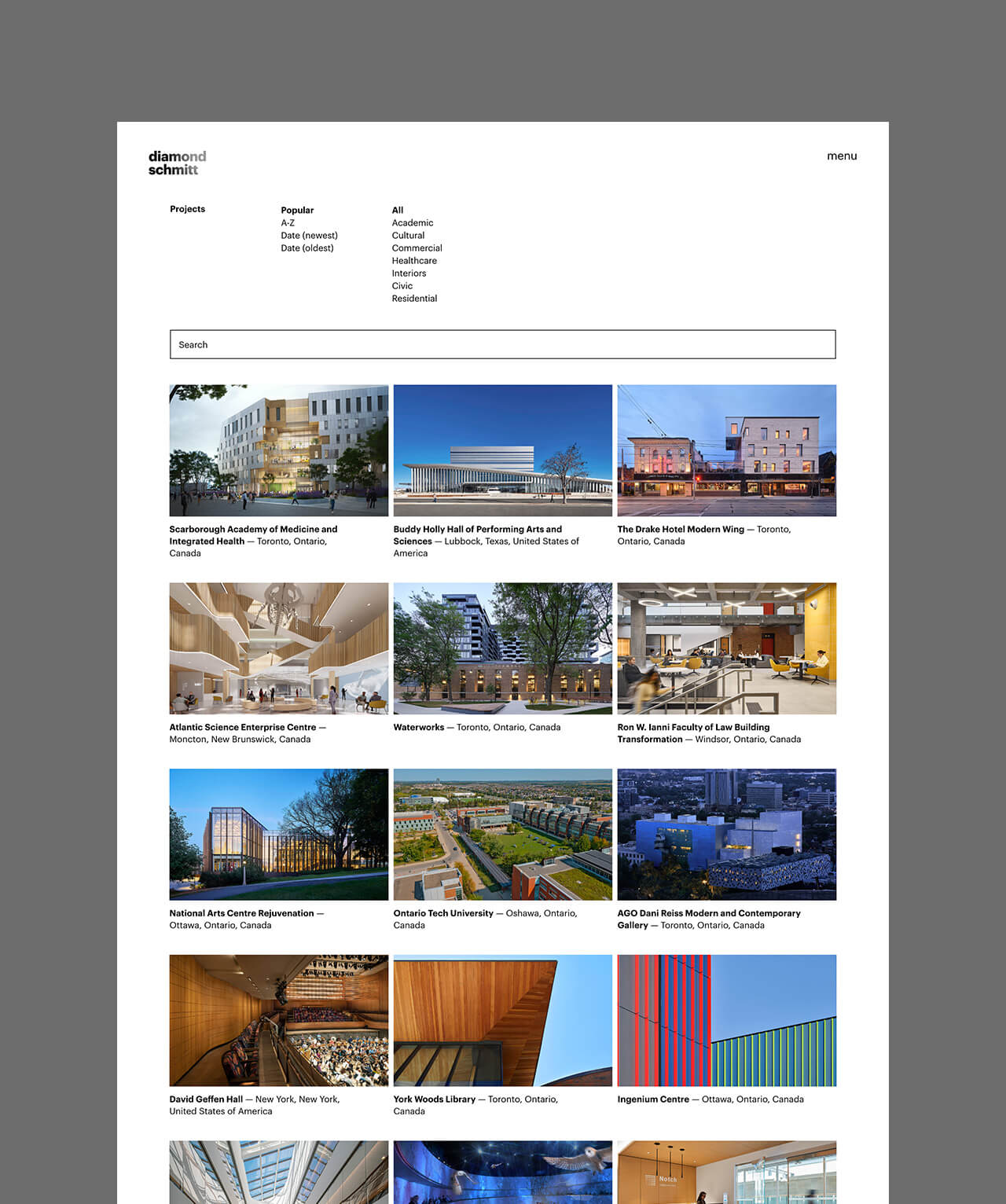 The Projects page of the website, featuring a grid of images with titles of each past project.