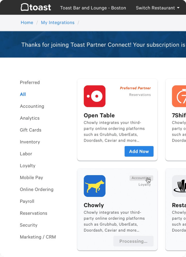 User interface for Toast's third-party integrations store