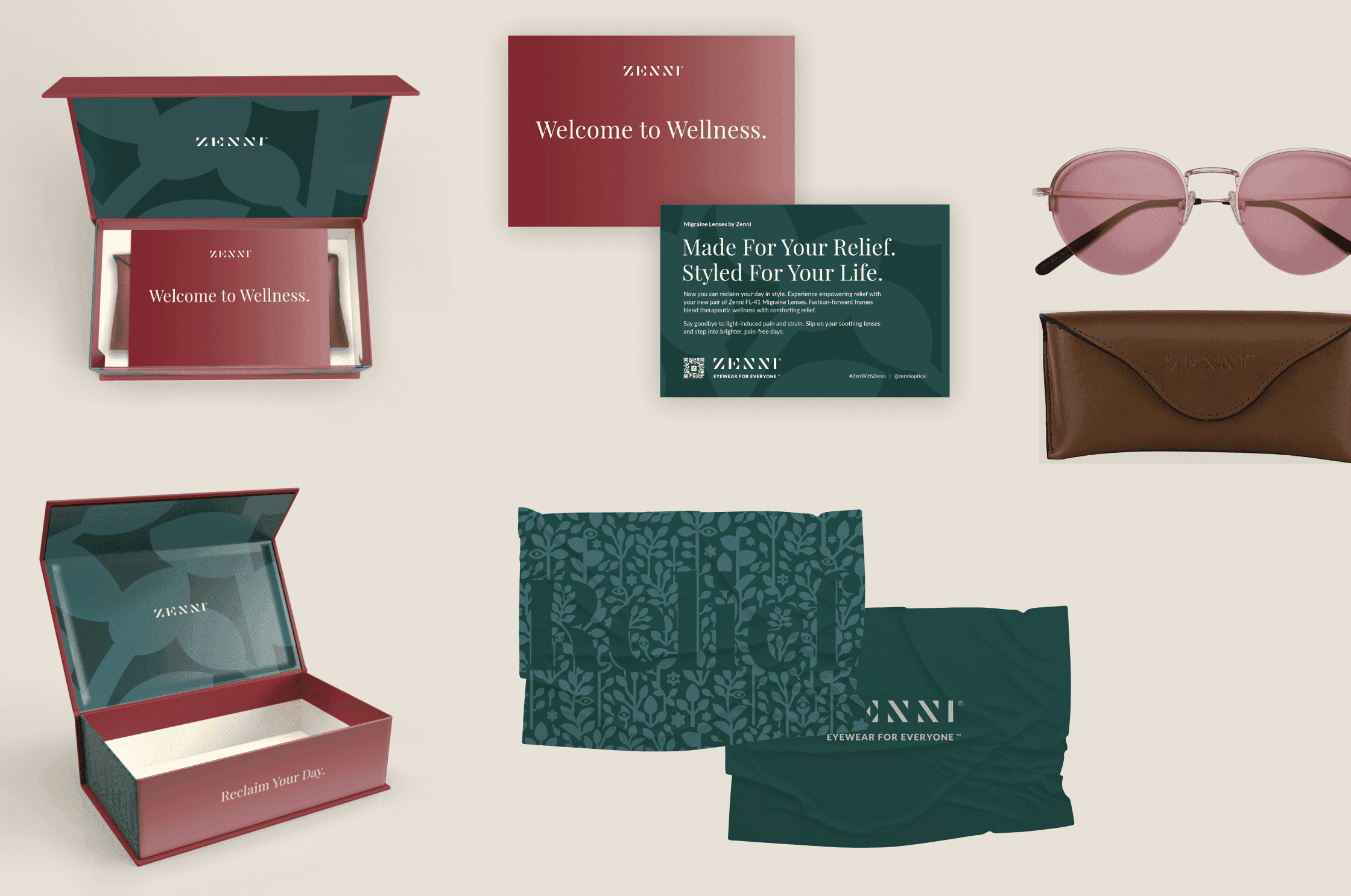 Zenni migraine lens product packaging including branded box, welcome card, cleaning cloths, glasses case, and rose-tinted frames on cream background