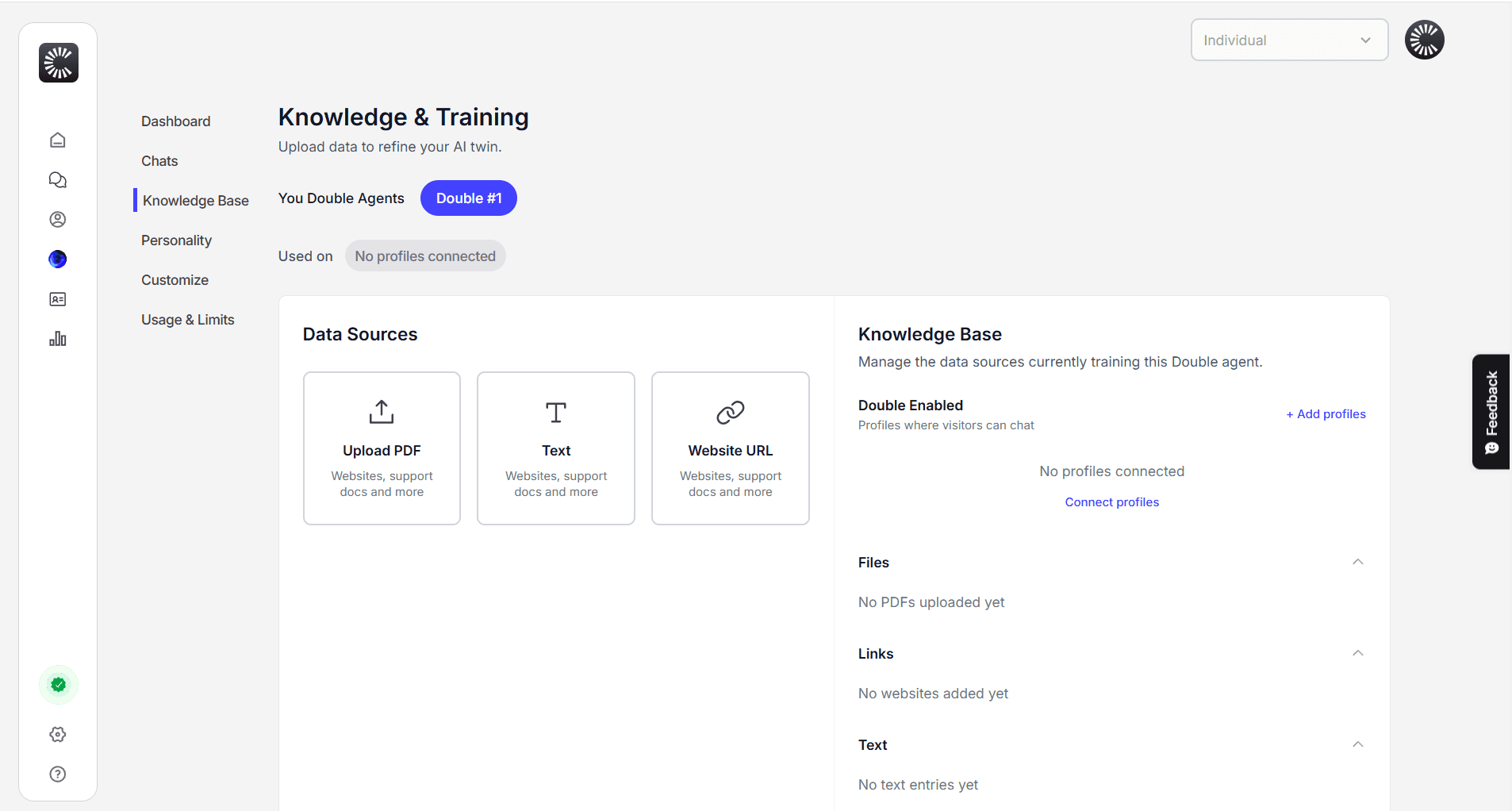 dashboard showing you can upload expertise from PDFs, custom text, website urls, socials etc in knowledge training interface