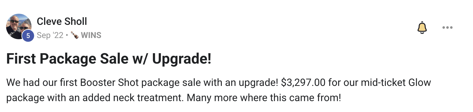 Forever Booked results showing Aesthetic Solutions first $3,297 Glow package sale with upgrade through Forever Booked funnel September 2022