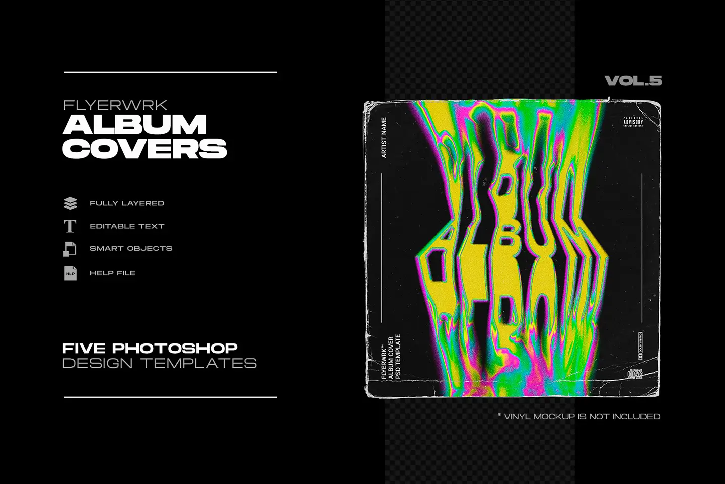 Product specifications for cover design templates volume five showing layered files and smart object features