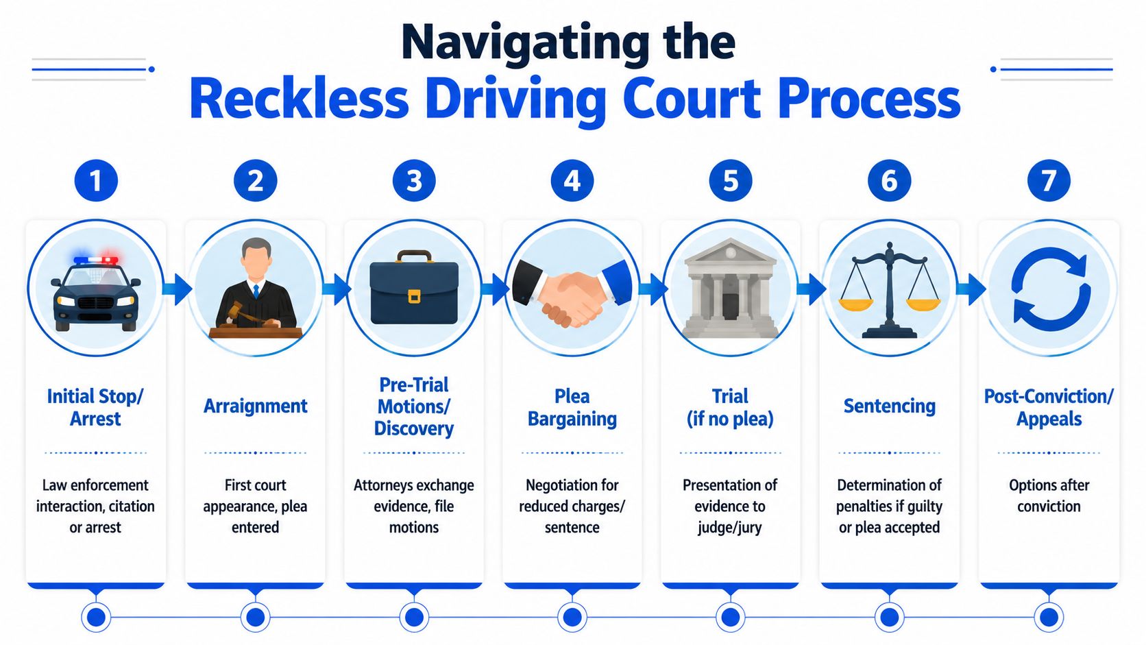 An infographic showing the seven stages of the legal process for a reckless driving court case.