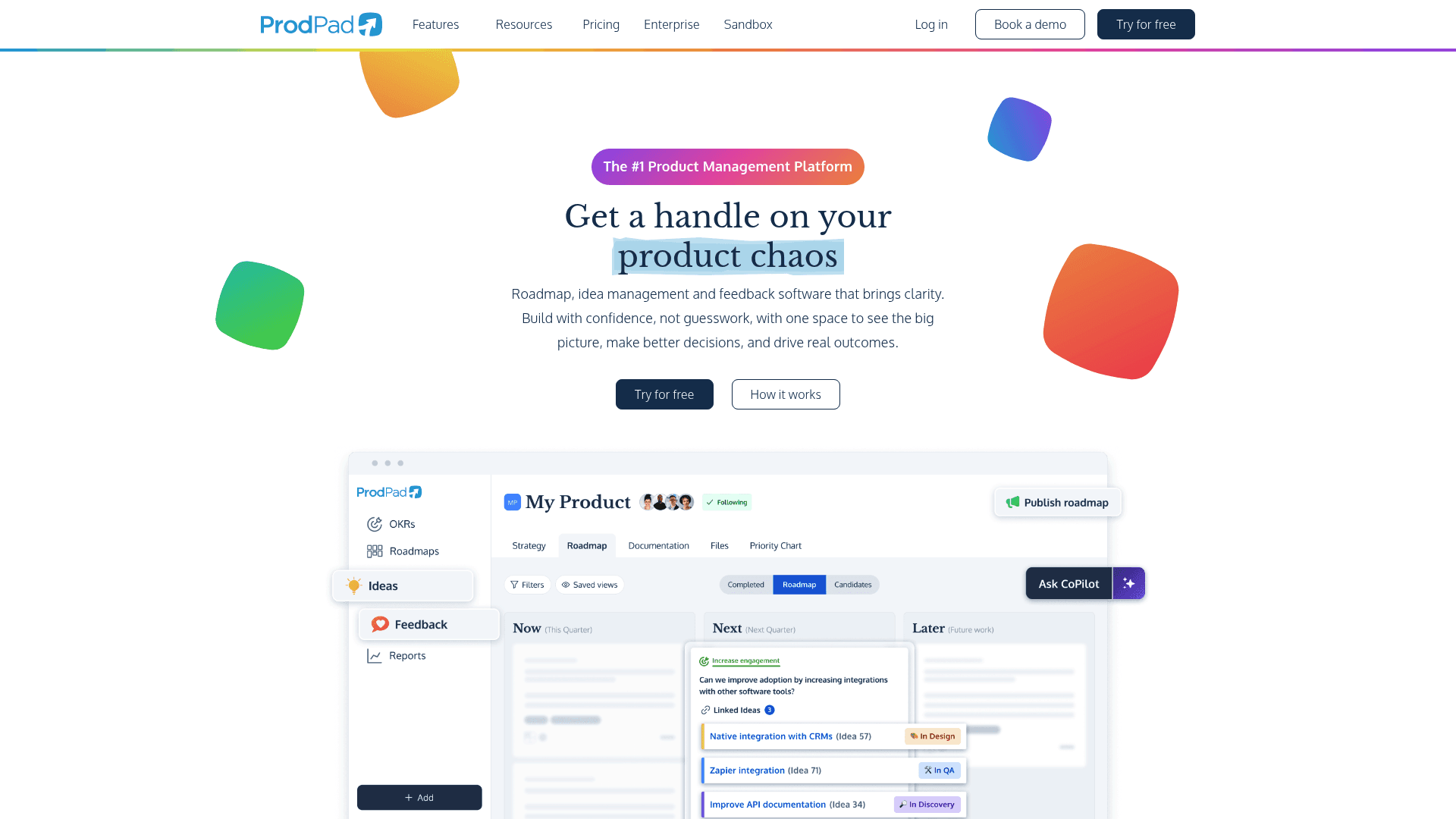 A screenshot of the ProdPad homepage, a lean management tool for B2B SaaS product platforms strategy roadmaps.