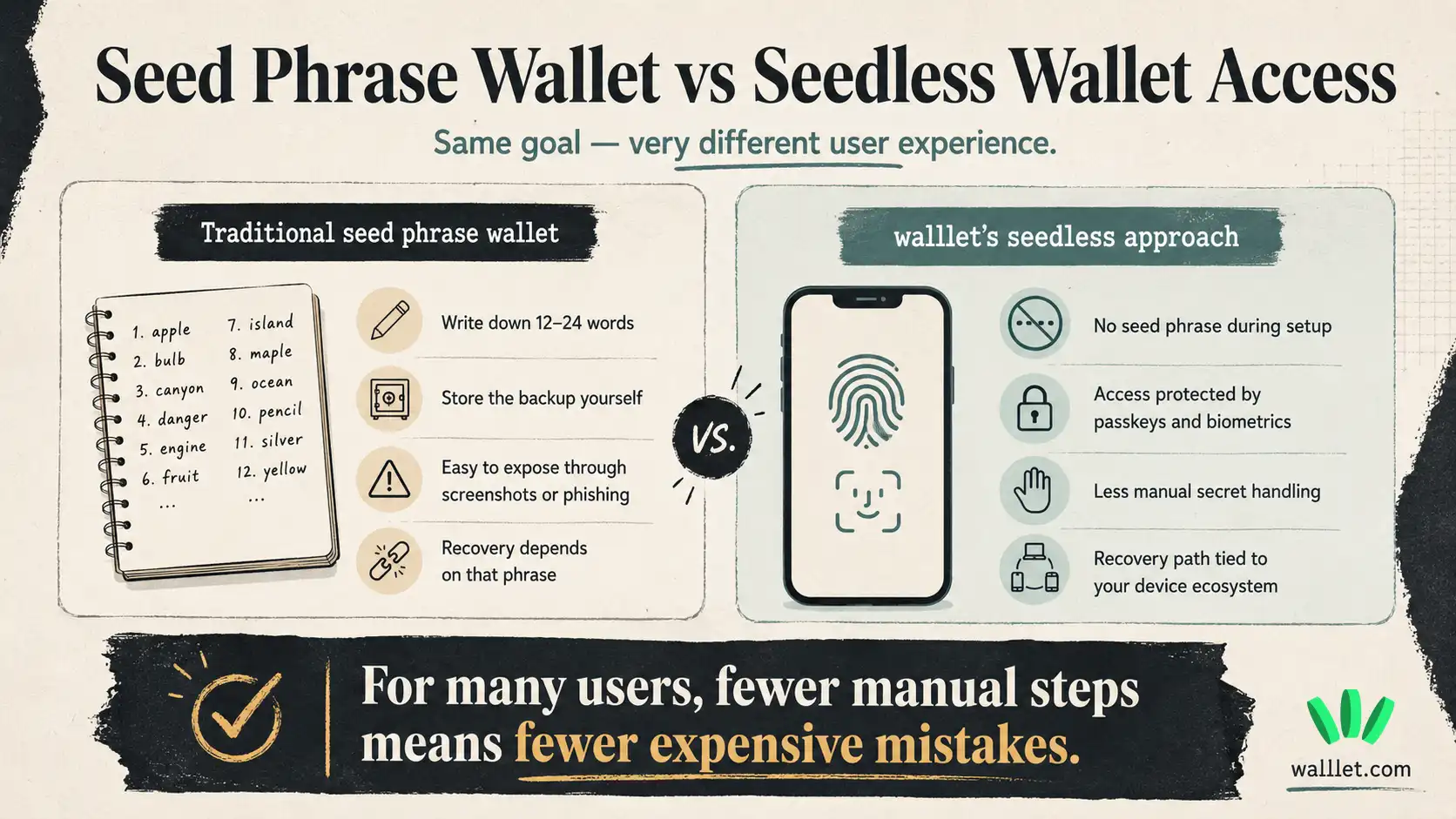 Comparison of traditional seed phrase wallets and walllet’s seedless wallet access using passkeys and biometrics.