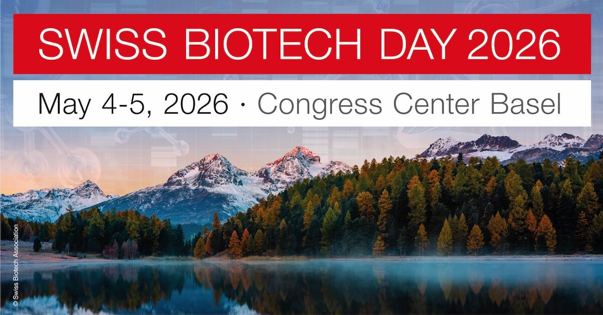 White red poster with the info of the Swiss biotech days in the background a swiss mountain area with a blue lake