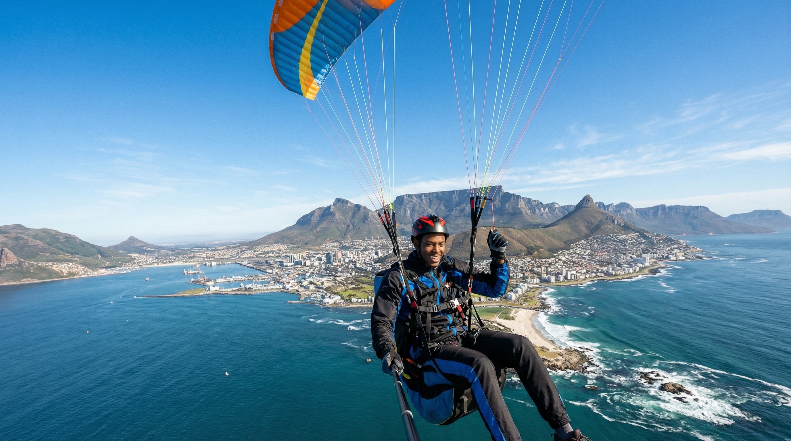 Young Black man paragliding over the Cape Town coastline with the ocean below