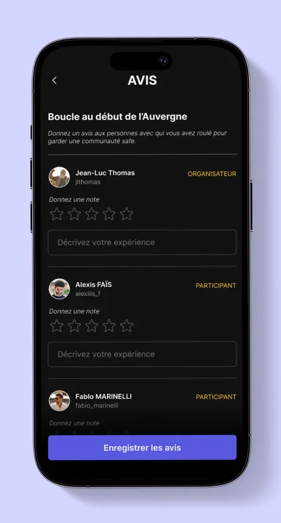 Écran On Wheels pour noter les participants après un trajet avec étoiles et commentaire
