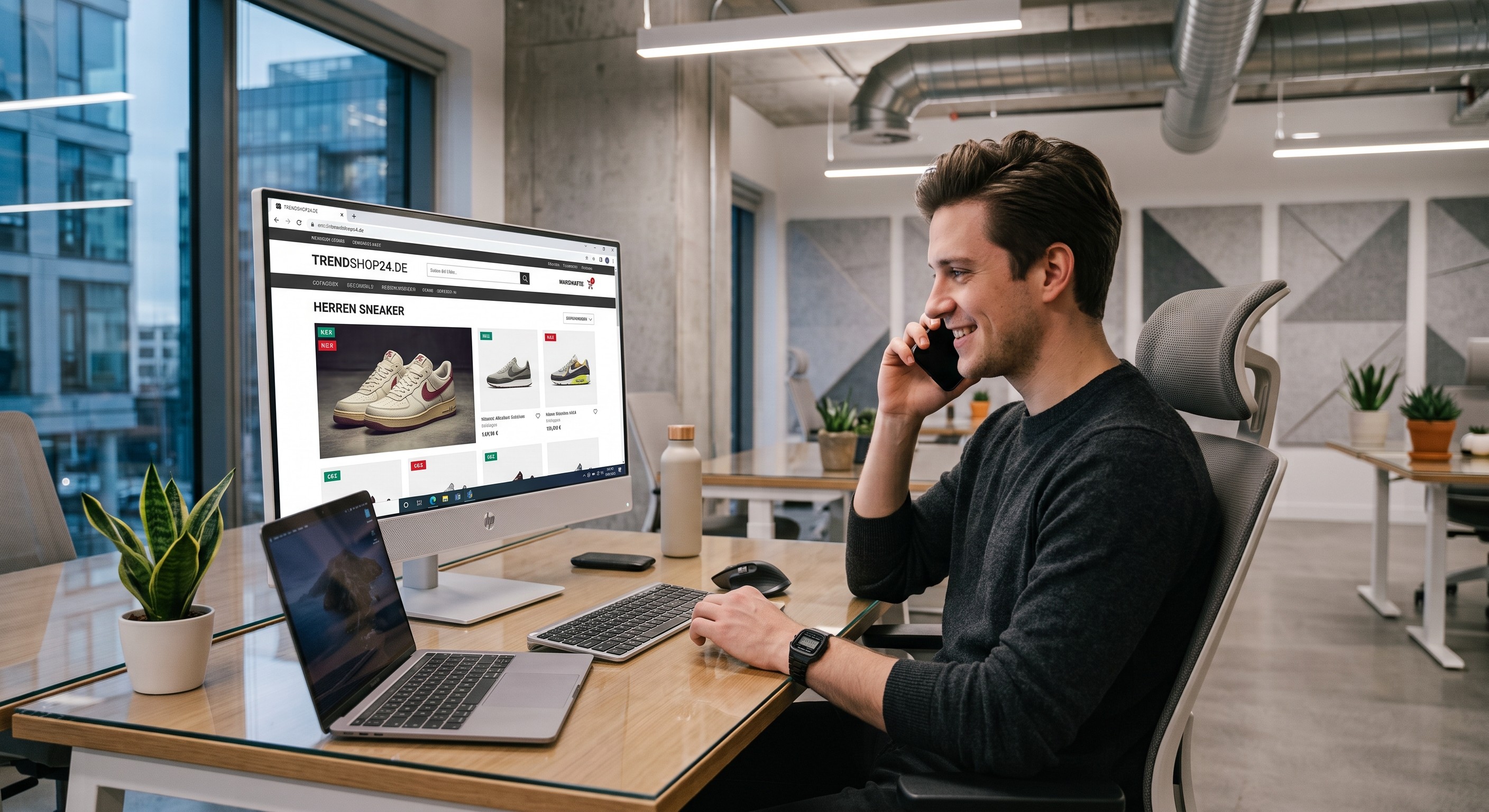 Ein junger Mann mit dunklen Haaren sitzt lächelnd an einem Schreibtisch in einem modernen Büro, telefoniert mit dem Smartphone und schaut auf einen großen Bildschirm, der einen Online-Shop für Sneaker zeigt; links neben ihm steht ein geöffnetes MacBook.