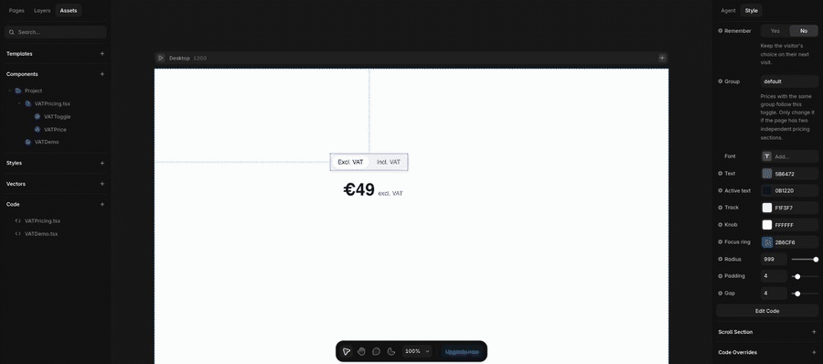Typing the same group name into the Group field on the toggle and on the price