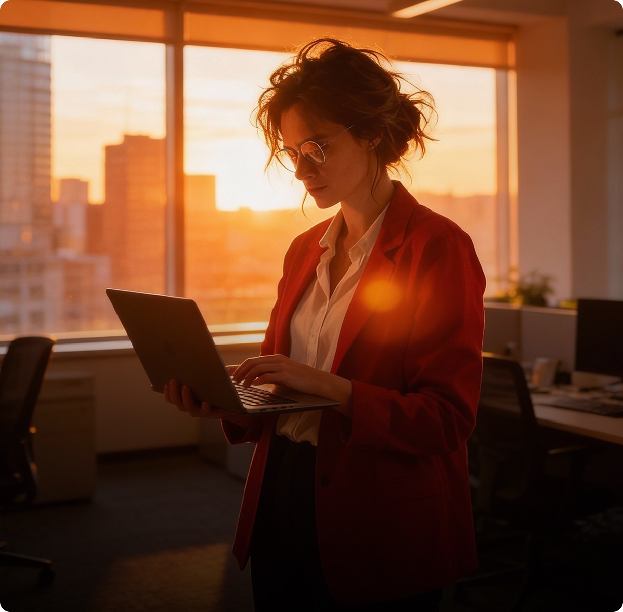 Femme debout en costard devant un ordinateur